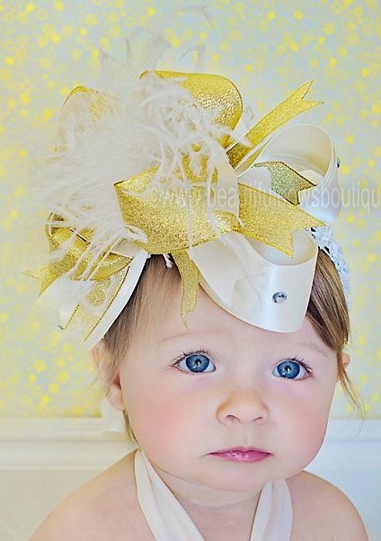 Handmade Big Boutique Solid Ivory Girls Over The Top Hair Bow Headband 4 inch / Permanently Attached to Headband