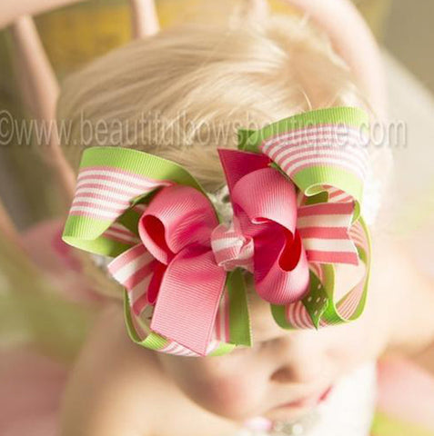 Green, Pink, Stripe Spike Girls Hair Bow Clip or Headband