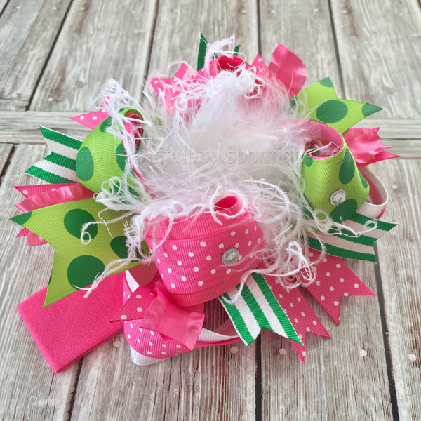 Holiday Hot Pink and Green Over the Top Girls Hair Bow Clip or Headband