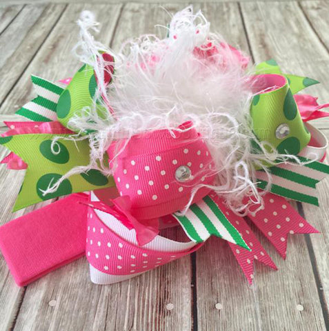 Holiday Hot Pink and Green Over the Top Girls Hair Bow Clip or Headband