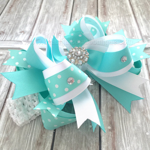 Over the Top Bow Aqua and White