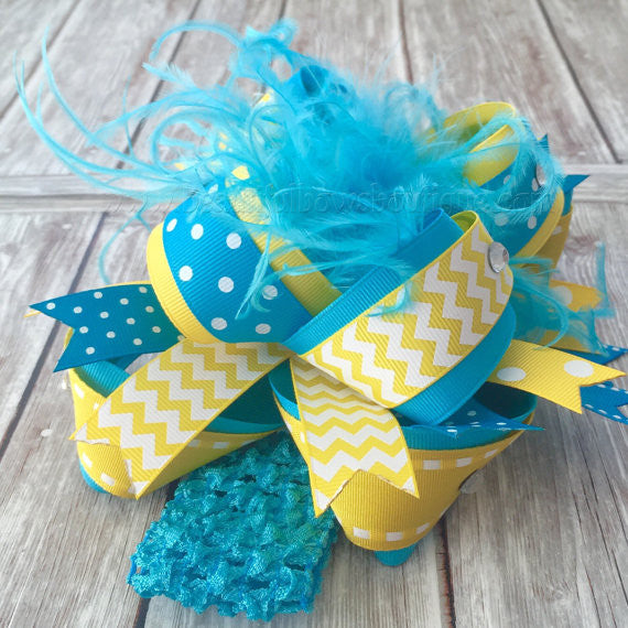 Yellow and Turquoise Over the Top Hair Bow for Girls