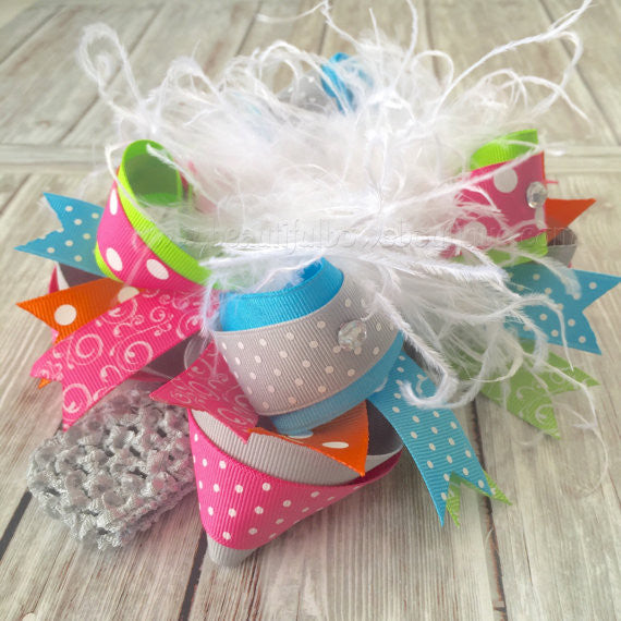 Over the Top Hair Bow Hot Pink Grey Turquoise Orange