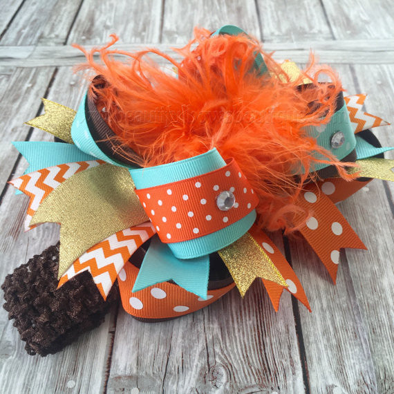 Stacked Over the Top Hair Bow Brown Orange Aqua