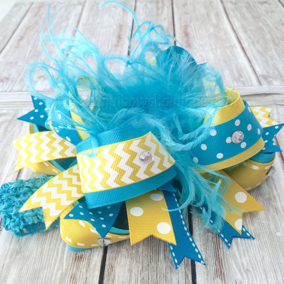 Yellow and Turquoise Over the Top Hair Bow for Girls