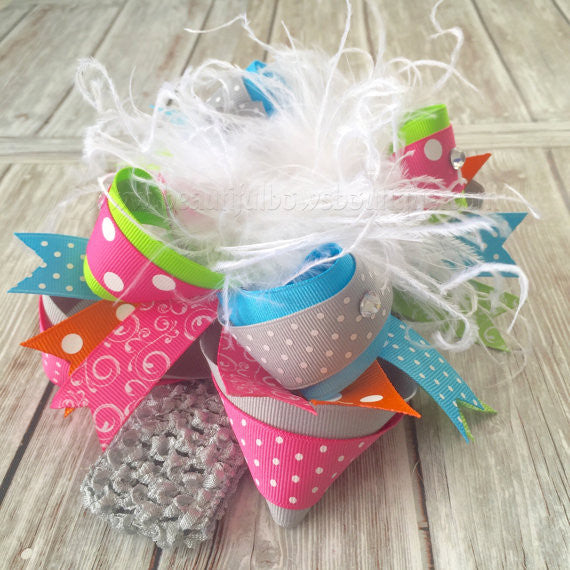 Over the Top Hair Bow Hot Pink Grey Turquoise Orange