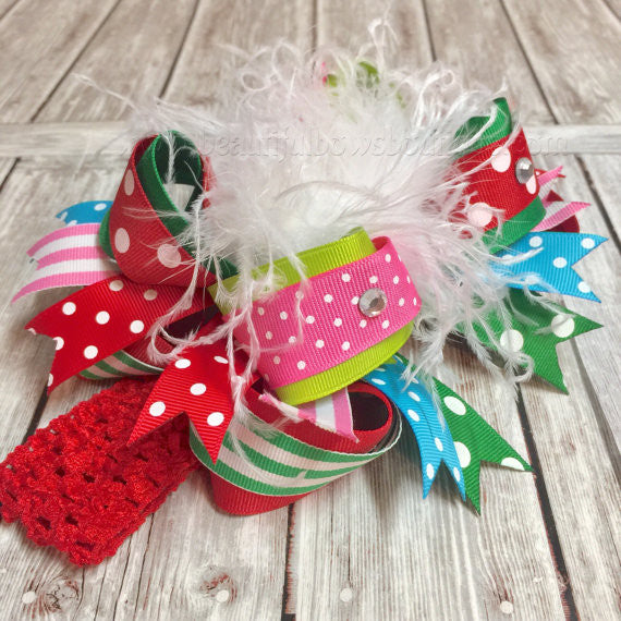 Holiday Over the Top Bow Red Green Pink Blue