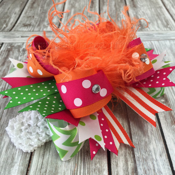 Over the Top Bow Hairbow Pink Green Orange Fall
