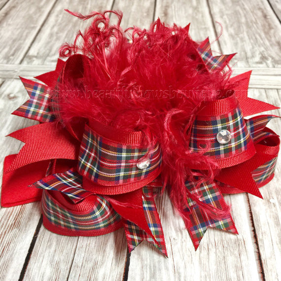 Red Tartan Plaid Over the Top Hair Bow Scottish