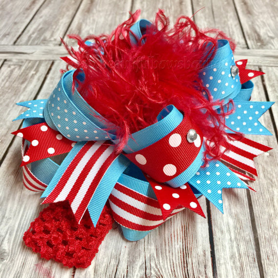 Dr. Seuss Over the Top Bow Red and Turquoise