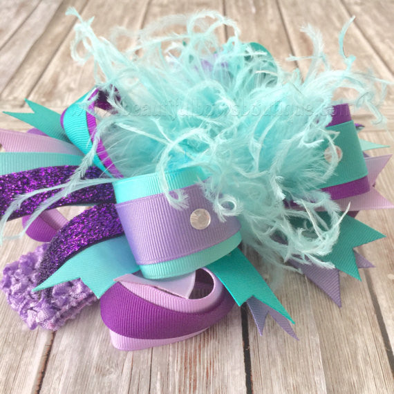 Over the Top Hair Bow Light Purple Aqua and Teal