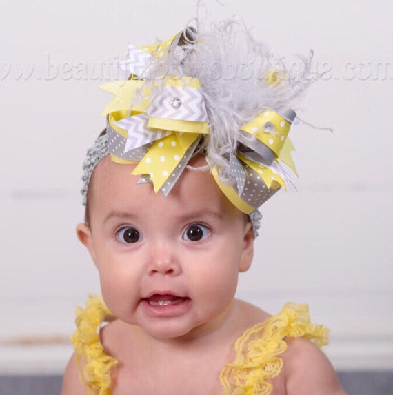 Grey and Yellow Over the Top Hair Bow Clip or Headband