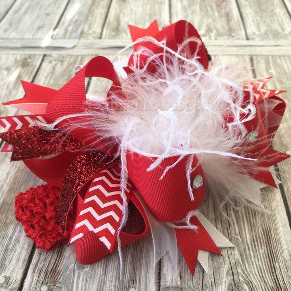 Large Red and White Feather Hair Bow Toddler Girl