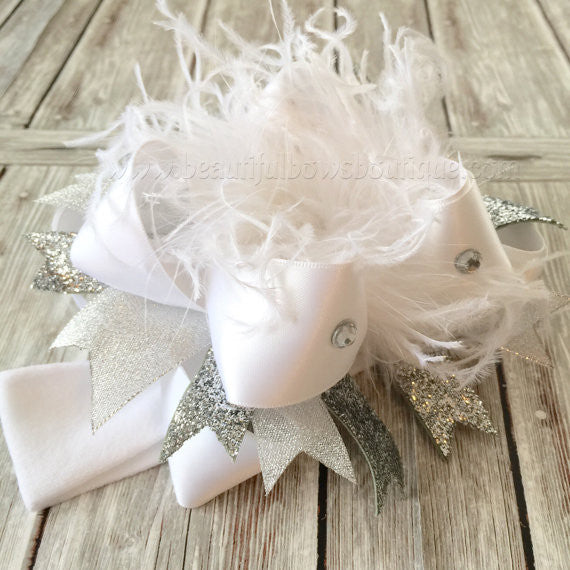 Pageant Hair Bow White Silver Wedding Headband