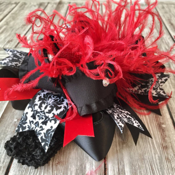 Damask Black and Red Over the Top Hair Bow Holiday