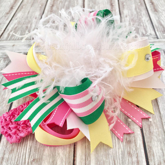 Over the Top Headband Bow Pink Green Yellow