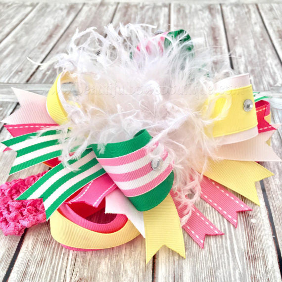 Over the Top Headband Bow Pink Green Yellow