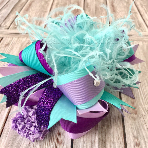 Over the Top Hair Bow Light Purple Aqua and Teal