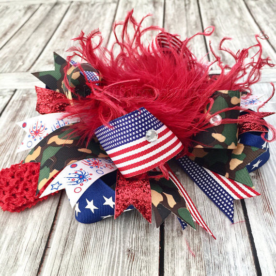 Patriotic Camo Hair Bow American Camouflage