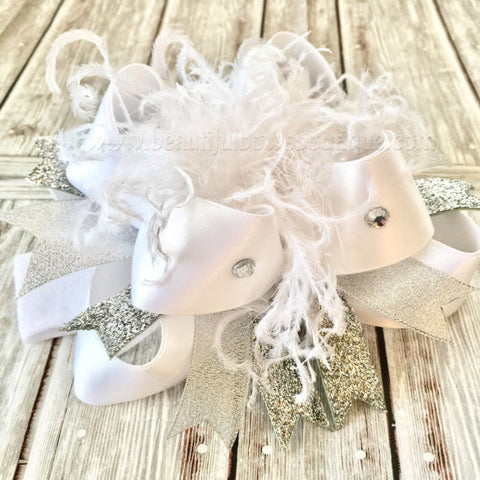 Pageant Hair Bow White Silver Wedding Headband
