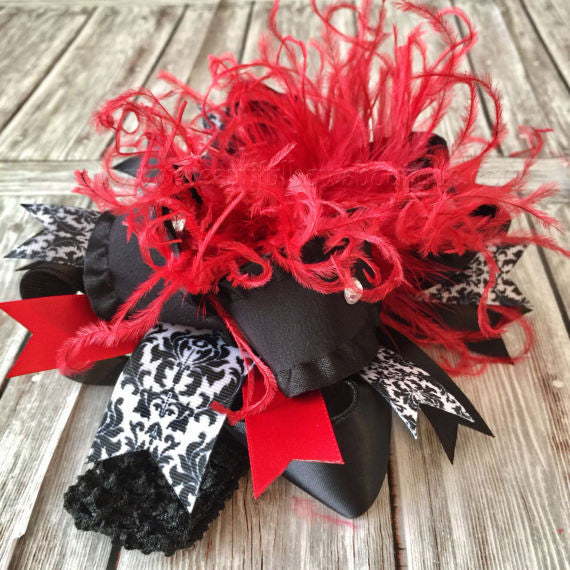 Damask Black and Red Over the Top Hair Bow Holiday