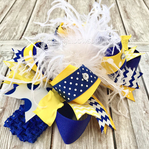 Big Boutique Feather Bow Royal Blue Yellow Gold