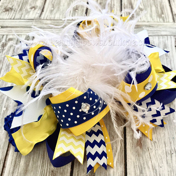 Big Boutique Feather Bow Royal Blue Yellow Gold