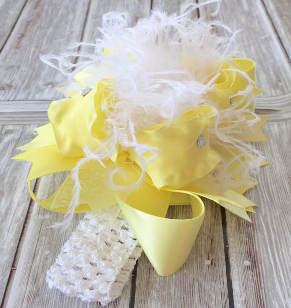 White and Yellow Over the Top Hair Bow