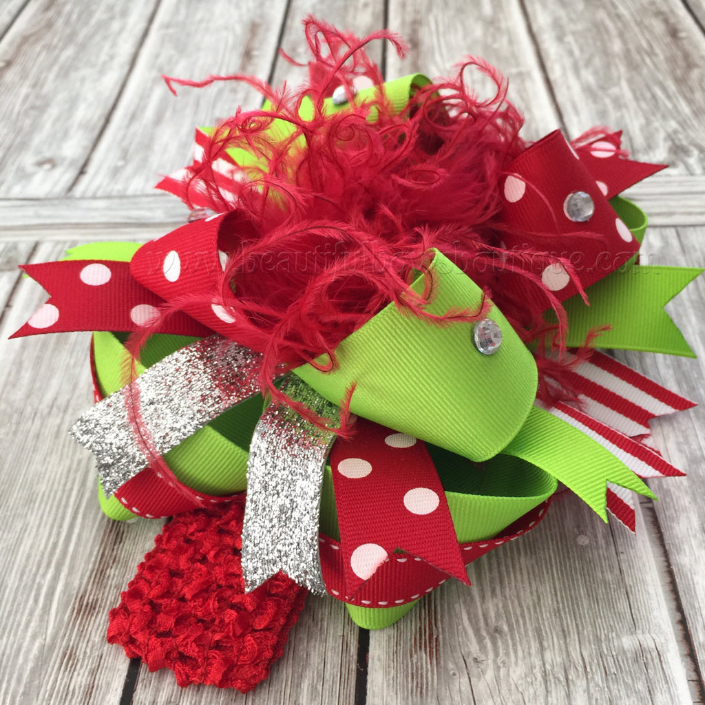 Christmas Over The Top Bow Grinch Green and Red 4 inch / Alligator Clip Only