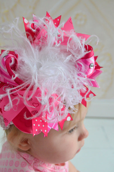 Over the Top Hair Bow Pink Valentine Hearts