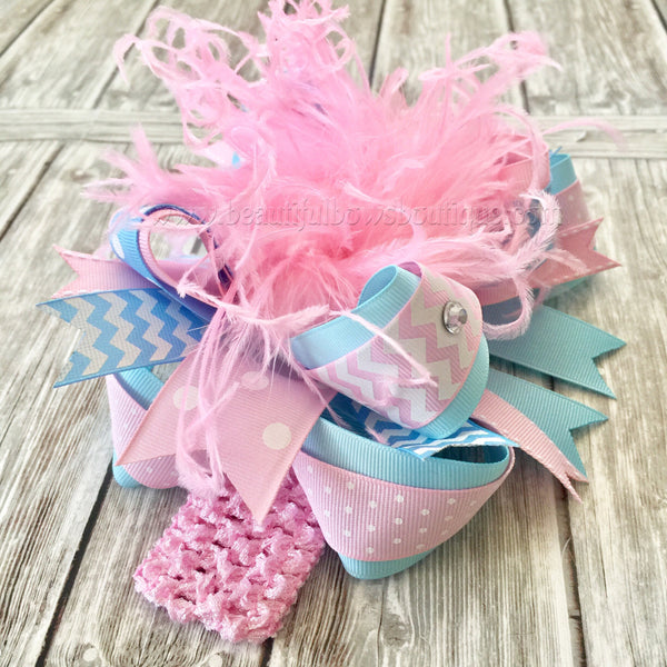 Pink and Blue Over the Top Bow,Blue and Pink Baby Headband,OTT Bows