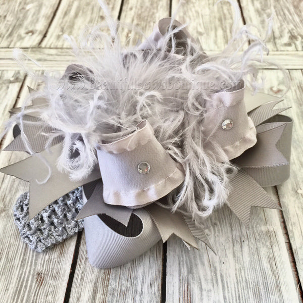 Solid Gray Over the Top Hair Bow Baby Headband,Silver Over the Top Bows,Big Grey Hair Bow,Boutique Hair Bow Grey Silver,Stacked Bows Silver