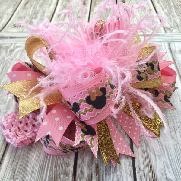 Pink and Gold Minnie Mouse Over the Top Hair Bow,Minnie Hair Bow Pink and Gold,Baby Headband,Baby Headbands,Minnie Birthday,Mouse Birthday