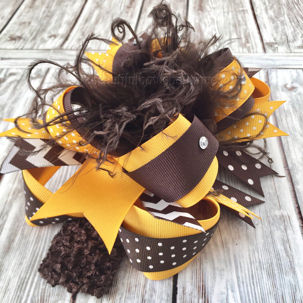 Brown and Mustard Hair Bow,Huge Over the Top Hair Bows Brown and Gold
