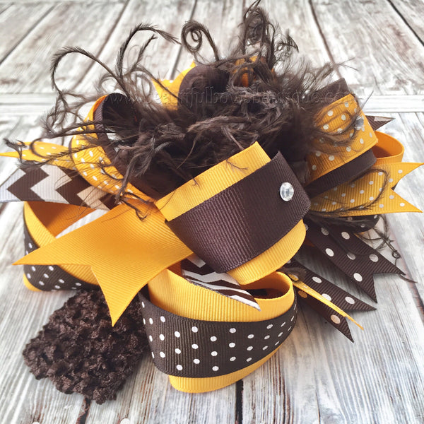 Brown and Mustard Hair Bow,Huge Over the Top Hair Bows Brown and Gold