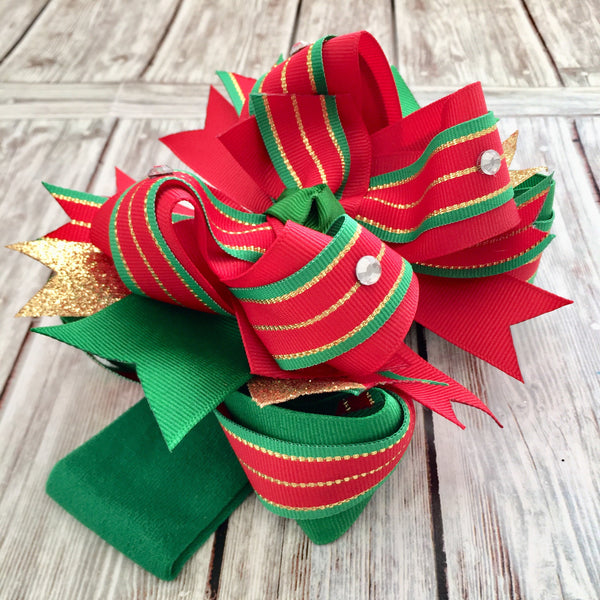 Christmas Hair Bow Red Green Gold,Stacked Christmas Bow,Baby Headband