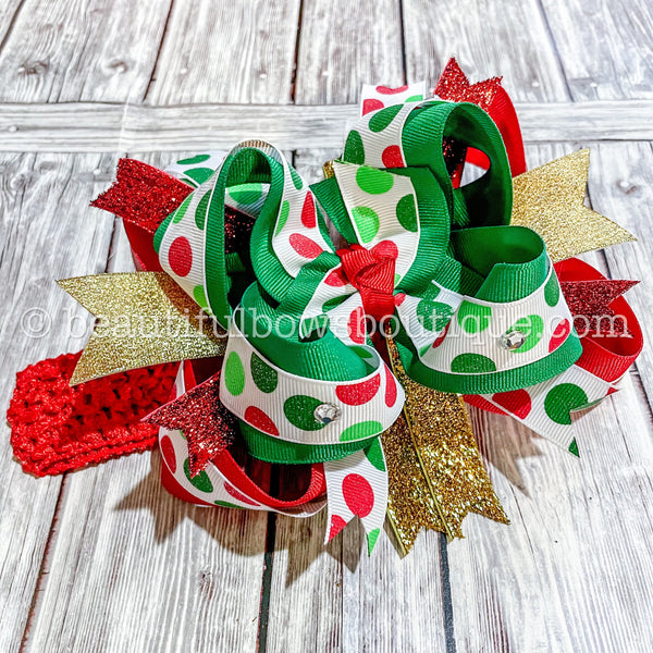 Christmas Red and Green Polka Dot Over the Top Hair Bow, Christmas Bow Over the Top Headband, Over the Top Christmas Bow Headband for Baby