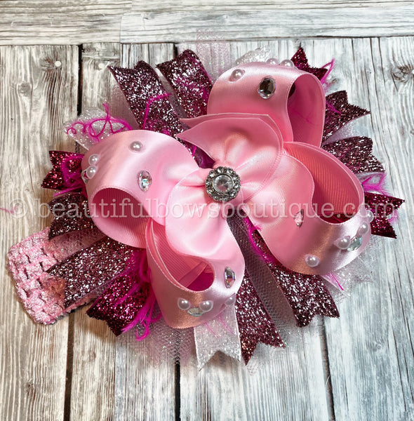 Pink Pageant Baby Headband, Pink Over the Top Hair Bow with Bling, Pageant Hair Bow