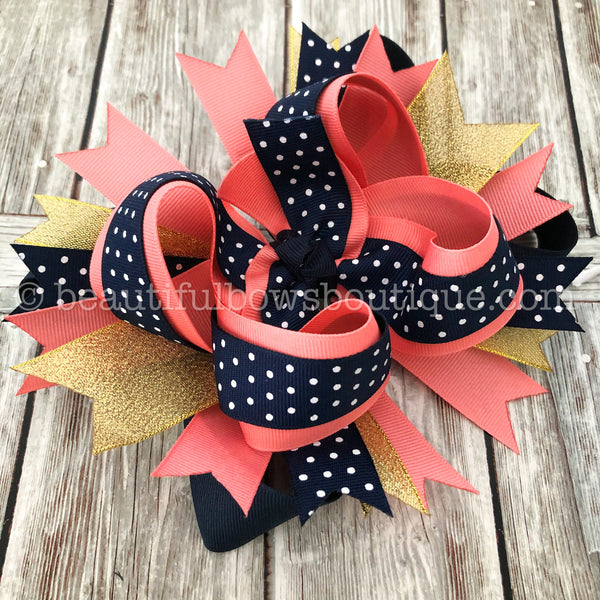 Coral and Navy Blue Hair Bow, Gold Coral and Navy Blue Baby Girl Headband
