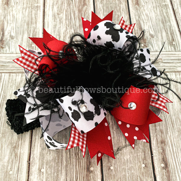 Cow Hair Bow, Red Cow Print Baby Headband, Farm Birthday Bow, 4-H Hair Bows
