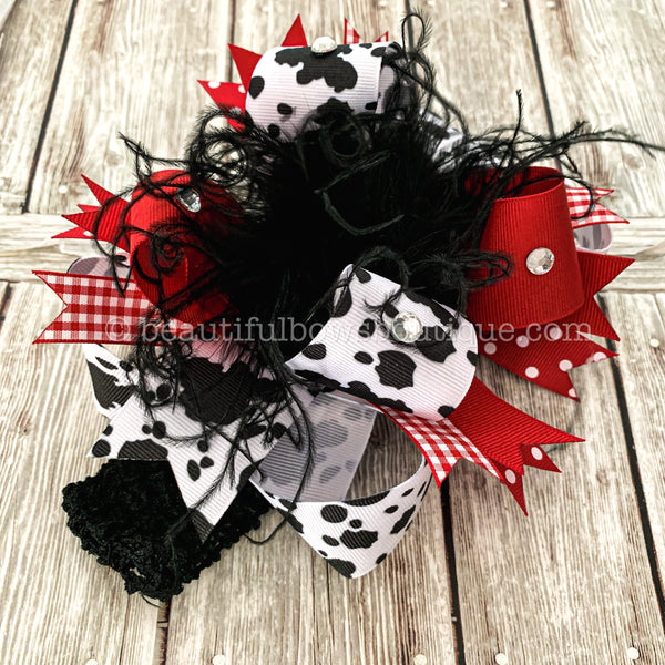 Cow Hair Bow, Red Cow Print Baby Headband, Farm Birthday Bow, 4-H Hair Bows