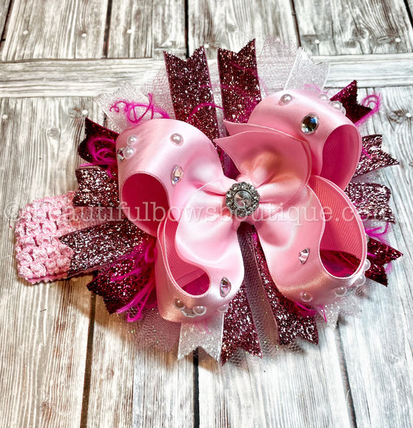 Pink Pageant Baby Headband, Pink Over the Top Hair Bow with Bling, Pageant Hair Bow