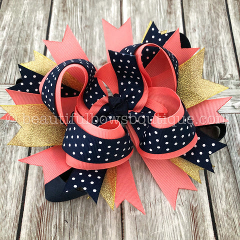 Coral and Navy Blue Hair Bow, Gold Coral and Navy Blue Baby Girl Headband