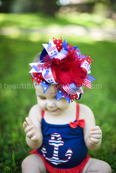 Patriotic Minnie Mouse Over the Top Hair Bow,6 inch Mouse Hair Bow, 1st Birthday Bow