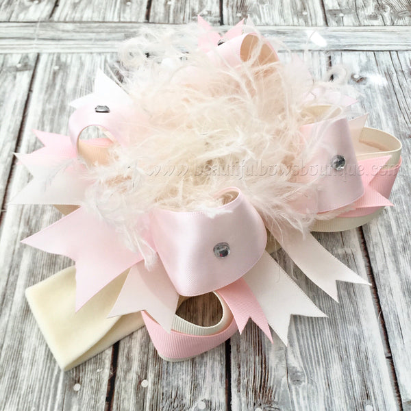 Baby Bow Headband Pale Pink and Ivory Boutique Bow, Pale Cream Pink Headband