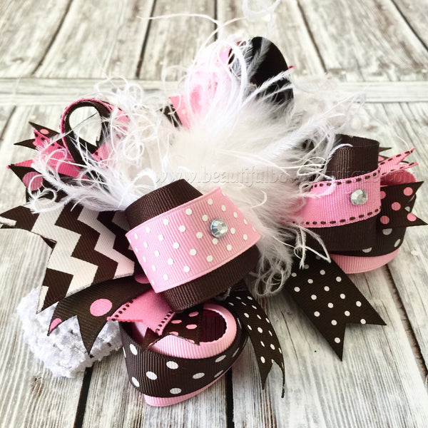 Brown and Pink Over the Top Hair Bow, Big Fall Hair Bows, Large Baby Bow, Pink and Brown Boutique Hair Bow