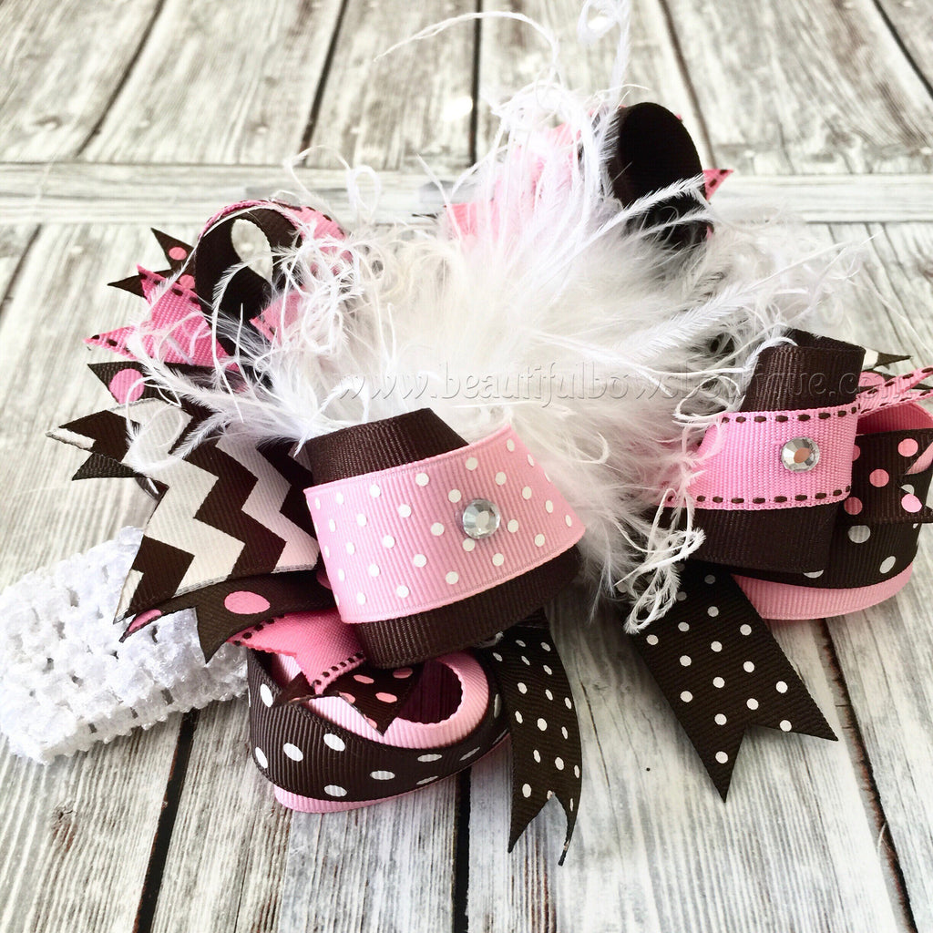 Brown and Pink Over the Top Hair Bow, Big Fall Hair Bows, Large Baby Bow, Pink and Brown Boutique Hair Bow