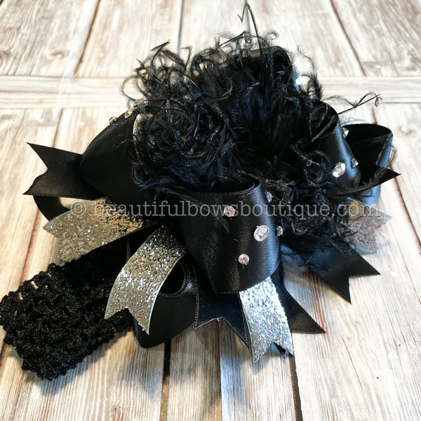 Black and Silver Pageant Baby Headband, Black Satin Hair Bow with Bling, Black Satin Silver Glitter Bow
