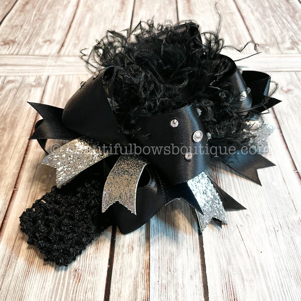 Black and Silver Pageant Baby Headband, Black Satin Hair Bow with Bling, Black Satin Silver Glitter Bow
