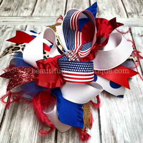 Leopard Flag Hair Bow, Patriotic Bow, Red white and Blue Pageant Bow, American Flag Bow, 4th of July Bow